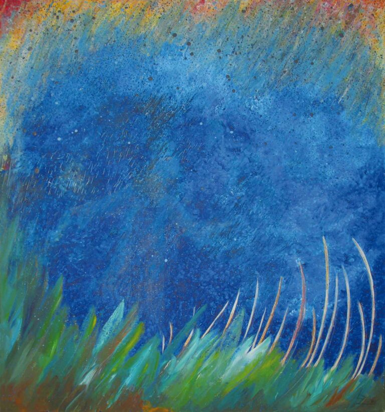 Gemälde, Gras, Bild auf Leinwand, Lisa Zimmermanns, Blaues Bild, Blauer Himmel, Roter Himmel, Abstrakt, Die geheime Figur, Der Mensch in der Schwebe