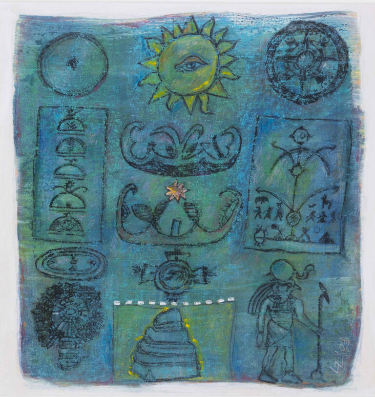 Gemälde, Symbole für die Sonne, Blaues Bild, Zeichnung im Bild, Bild auf Papier, Lisa Zimmermanns, Ägyptische Zeichnungen