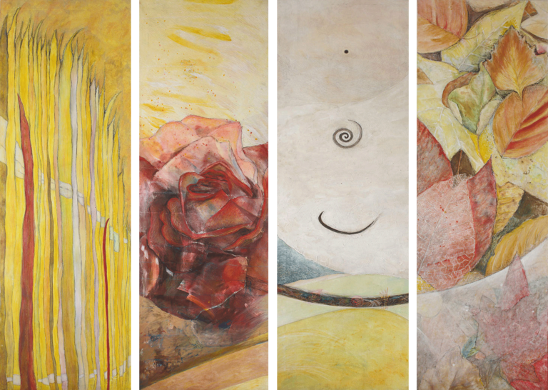 Gemälde, Entwicklung Bild auf Leinwand, Lisa Zimmermanns, Leuchtkraft im Bild, Wachstum, Rose, Gras, Blätter, Spirale